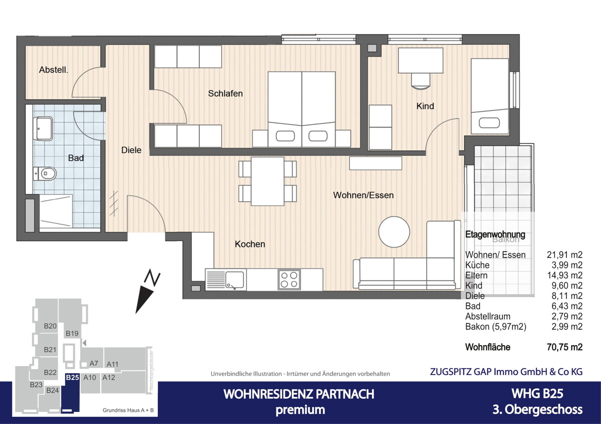 WOHNRESIDENZ PARTNACH - 3 Zi Wohnung - B25 - 2D Grundriss (11743)
