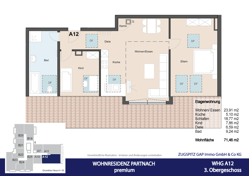 Neubau 2 -Zi.- Aufzug- FB-Heizung -A12 - 2D Grundriss (11865)