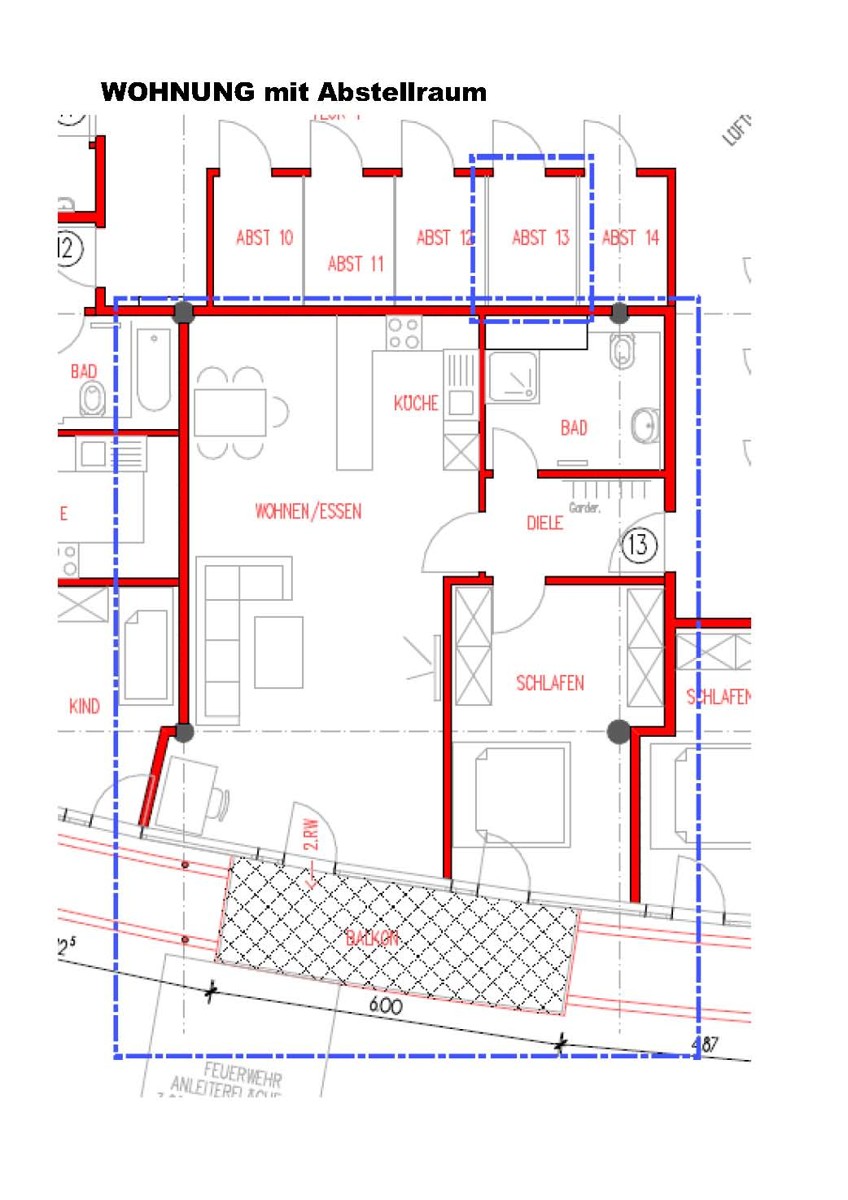 2 Zimmer Wohnung mit Aufzug, Balkon - E13 - E13 2D Grundriss (11495)
