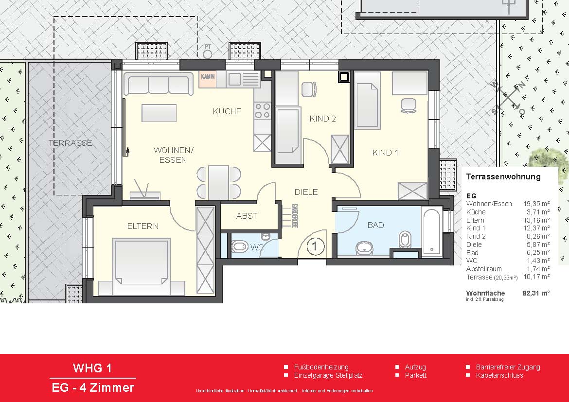 3-Zimmer-Wohnung, Terrasse, eigener Garten, Küche, voll möbliert, Einzel-Garage - 2D Grundriss WHG1 (8452)