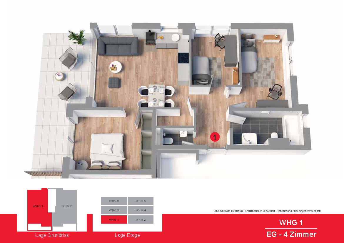 3-Zimmer-Wohnung, Terrasse, eigener Garten, Küche, voll möbliert, Einzel-Garage - 3D Grundriss WHG1 (8453)