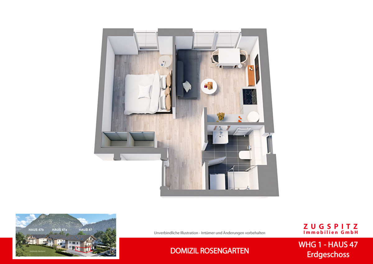 DOMIZIL ROSENGARTEN -2 Zi MIT FERIENWOHNUNG NUTZUNG -WHG01 - WHG-1_3D Grundriss (11706)