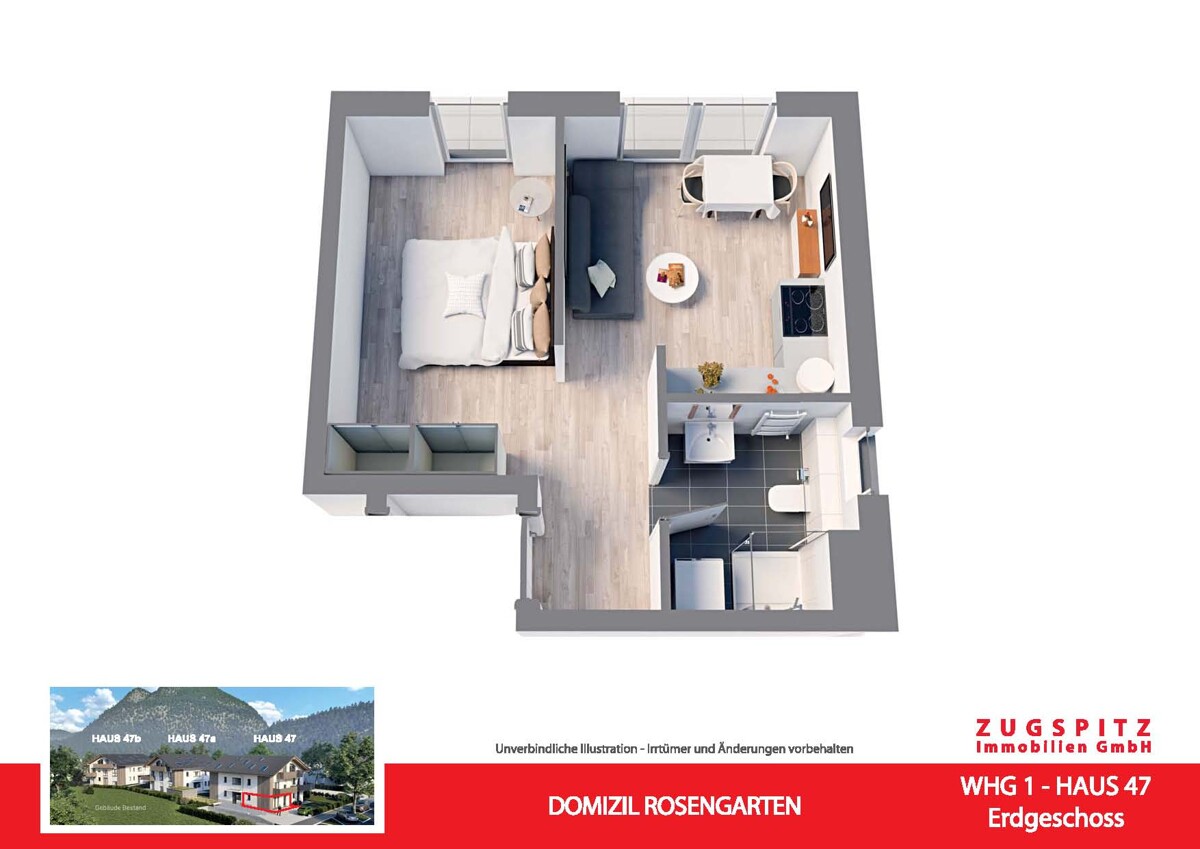 DOMIZIL ROSENGARTEN -2 Zi MIT FERIENWOHNUNG NUTZUNG -WHG01 - WHG 01 Animation 3D (13550)